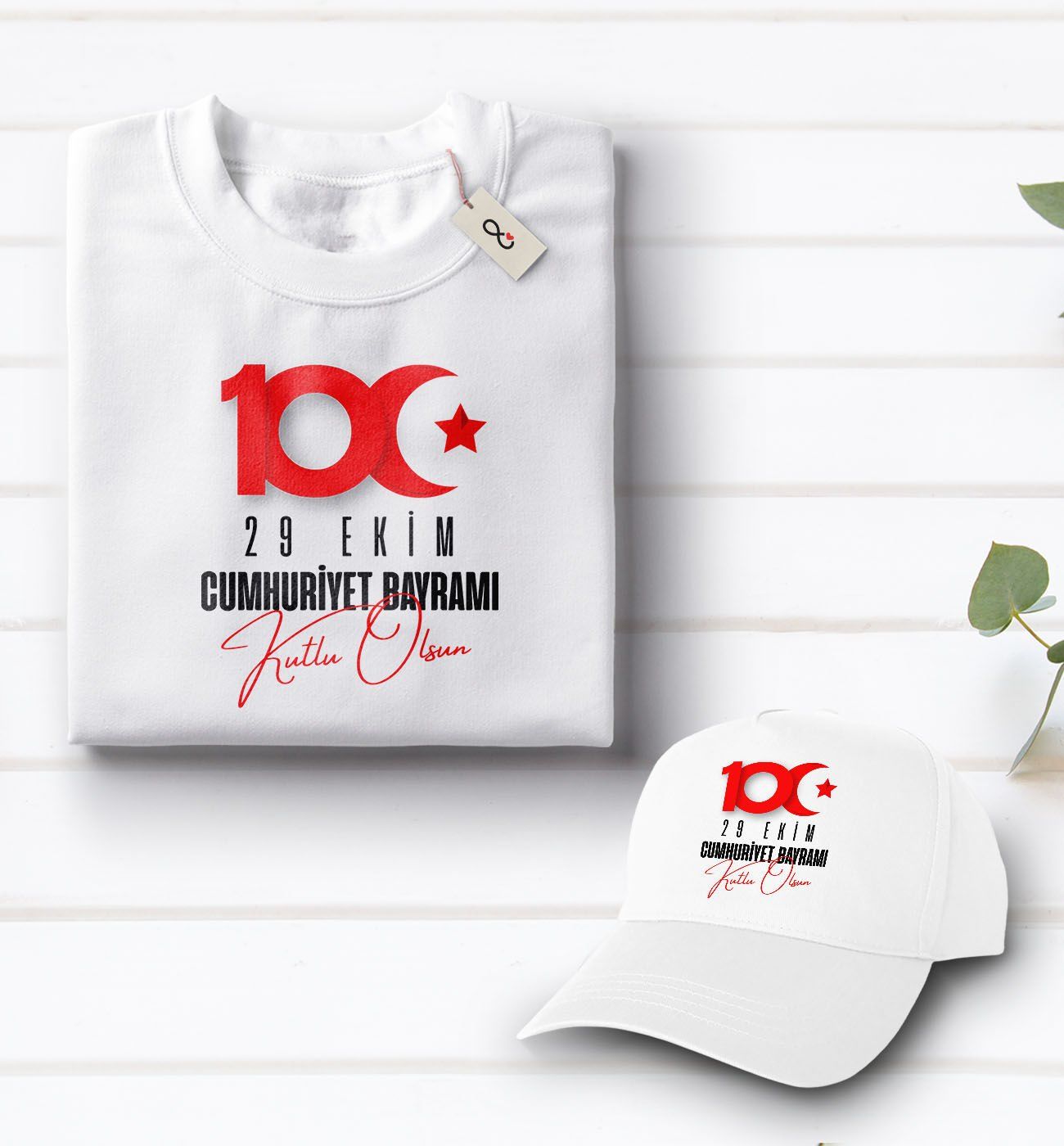 BK Gift 100. Yıl Hatırası Beyaz Tişört ve Şapka Hediye Seti-6, 29 Ekim Hediyesi, Cumhuriyet Bayramı, 100.Yıl Hediyesi