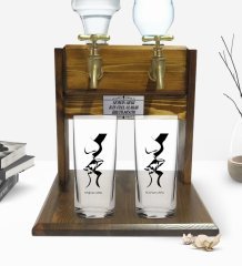 Kişiye Özel Renkli Baskılı Öpücük Tasarımlı İkili Rakı Bardağı ve Çift Musluklu Doğal Ahşap Rakı Standı-1