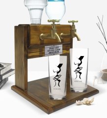Kişiye Özel Renkli Baskılı Öpücük Tasarımlı İkili Rakı Bardağı ve Çift Musluklu Doğal Ahşap Rakı Standı-1