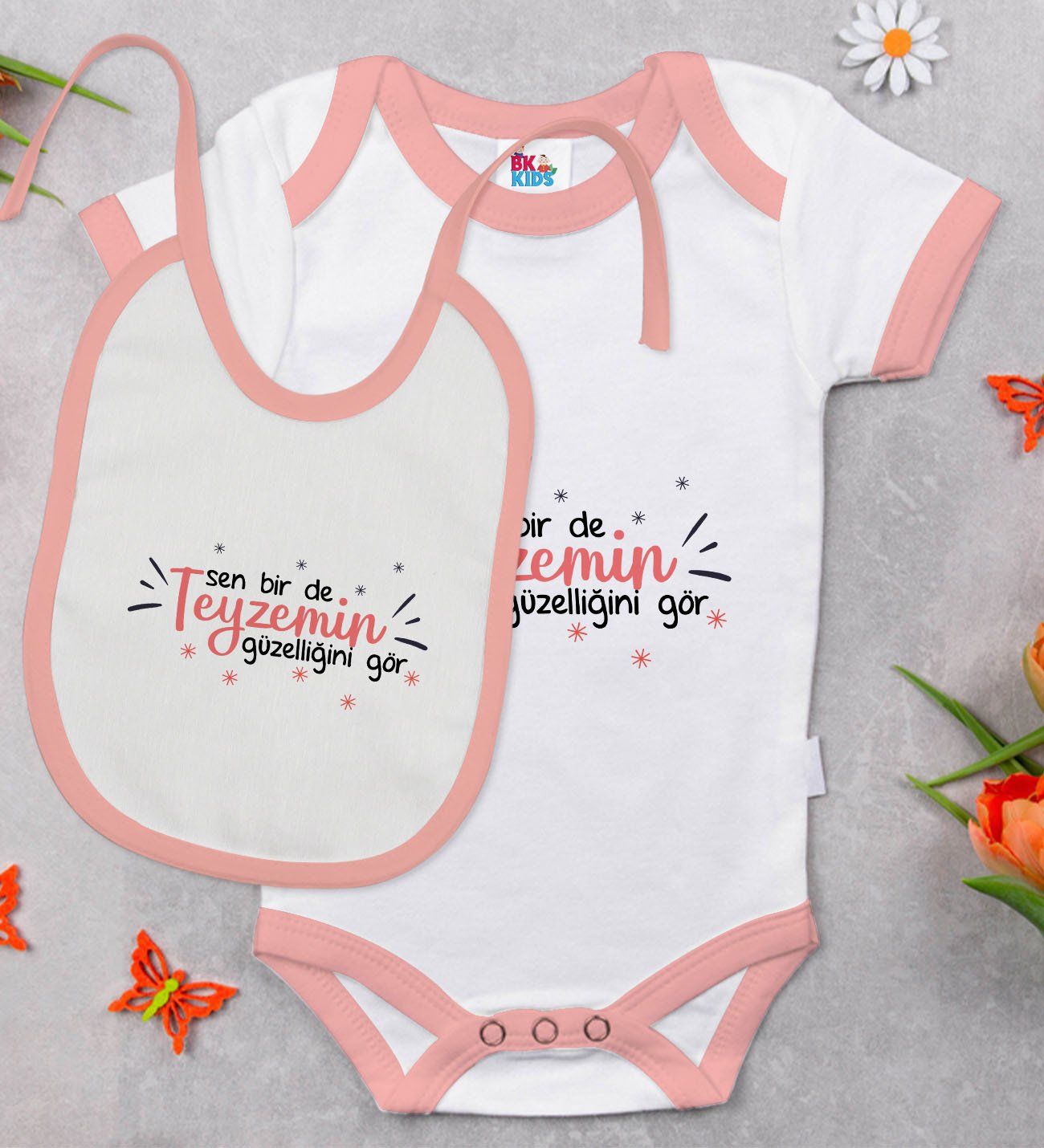 BK Kids Sen Bir De Teyzemin Güzelliğini Gör Tasarımlı Pembe Bebek Body Zıbın ve Mama Önlüğü Hediye Seti-1