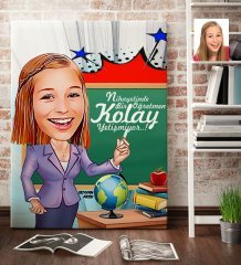 Kişiye Özel Bayan Öğretmen Karikatür Kanvas Tablo (70 x 100 cm.) 1