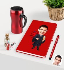 Kişiye Özel Bay Avukat Karikatürlü Kırmızı Defter Kalem ve Termos Mug Seti  - 1