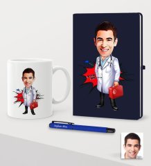 Kişiye Özel Bay Doktor Karikatürlü Lacivert Defter Kalem Kupa Seti - 4