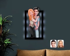 Kişiye Özel Sevgililer Karikatürlü 3D Led Işıklı Ahşap Tablo-85