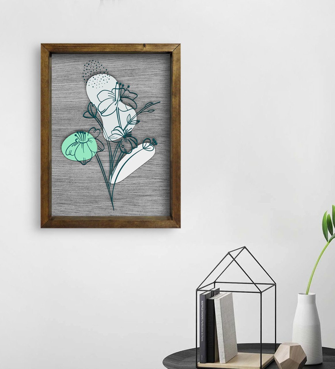 BK Home Minimal Çiçekler Tasarımlı Doğal Masif Ahşap Çerçeveli Tablo 45x65cm-3