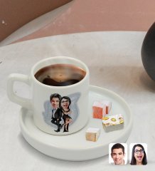 Kişiye Özel Sunum Tabaklı Sevgililer Karikatürlü Türk Kahvesi Fincanı Model 6