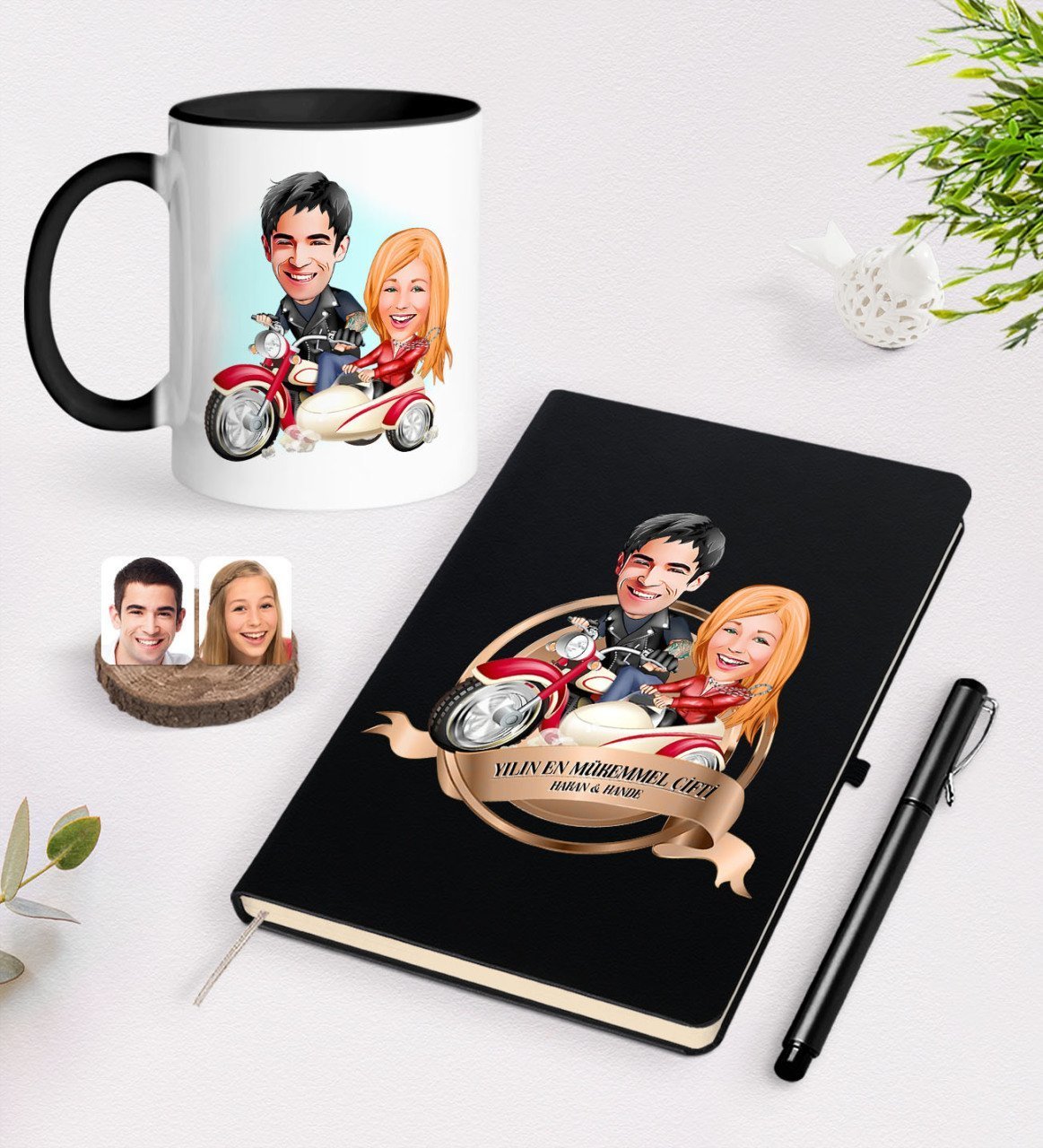 Kişiye Özel Yılın En Mükemmel Çifti Karikatürlü Siyah Defter Kalem ve Kupa Seti-12