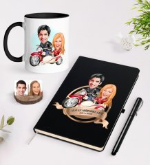 Kişiye Özel Yılın En Mükemmel Çifti Karikatürlü Siyah Defter Kalem ve Kupa Seti-12