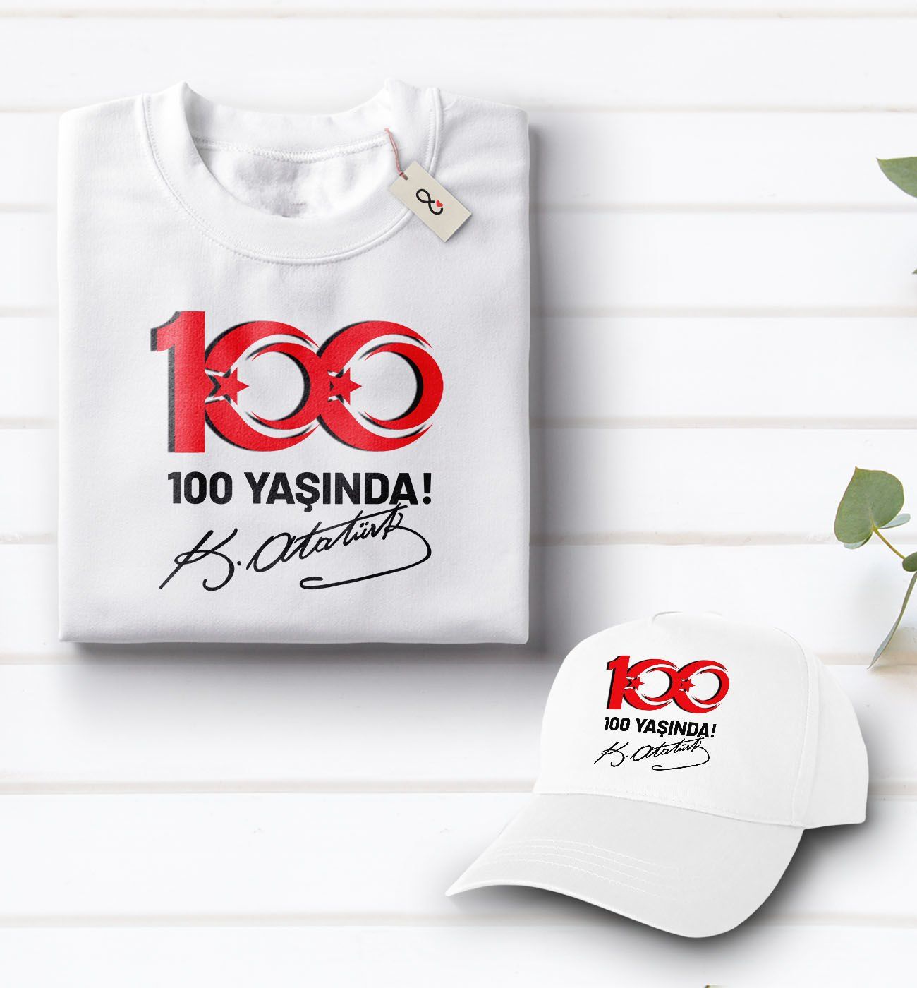 BK Gift 100. Yıl Hatırası Beyaz Tişört ve Şapka Hediye Seti-5, 29 Ekim Hediyesi, Cumhuriyet Bayramı, 100.Yıl Hediyesi