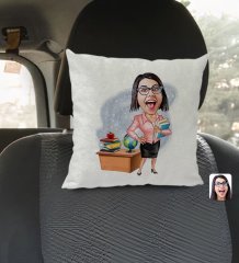 Kişiye Özel Kadın Öğretmen Karikatürlü Kare Araç Koltuk Yastığı-5