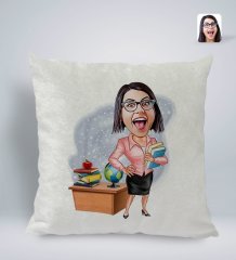 Kişiye Özel Kadın Öğretmen Karikatürlü Kare Araç Koltuk Yastığı-5