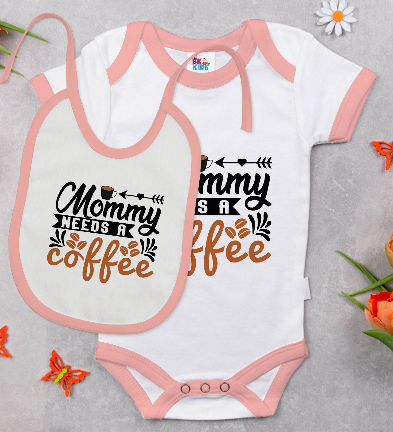 BK Kids Mommy Needs A Coffee Tasarımlı Pembe Bebek Body Zıbın ve Mama Önlüğü Hediye Seti-1