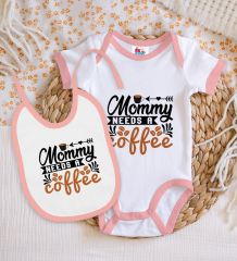 BK Kids Mommy Needs A Coffee Tasarımlı Pembe Bebek Body Zıbın ve Mama Önlüğü Hediye Seti-1
