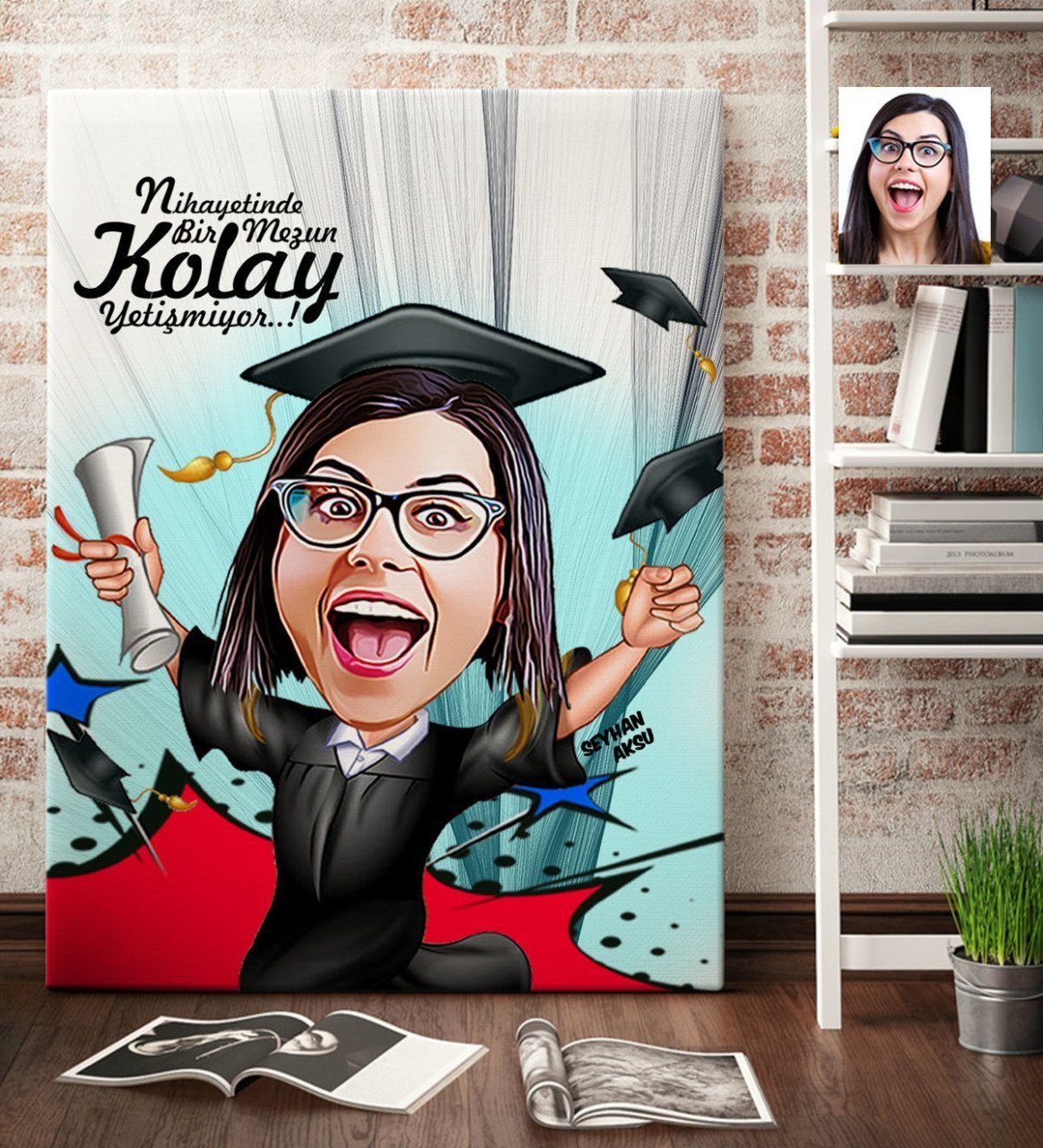Kişiye Özel Bayan Mezun Karikatür Kanvas Tablo (70 x 100 cm.) 1