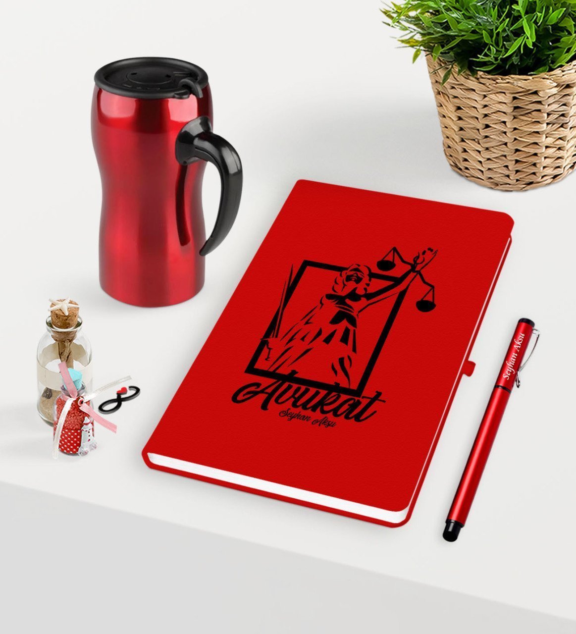 Kişiye Özel Avukat Temalı Kırmızı Defter Kalem ve Termos Mug Seti  - 16