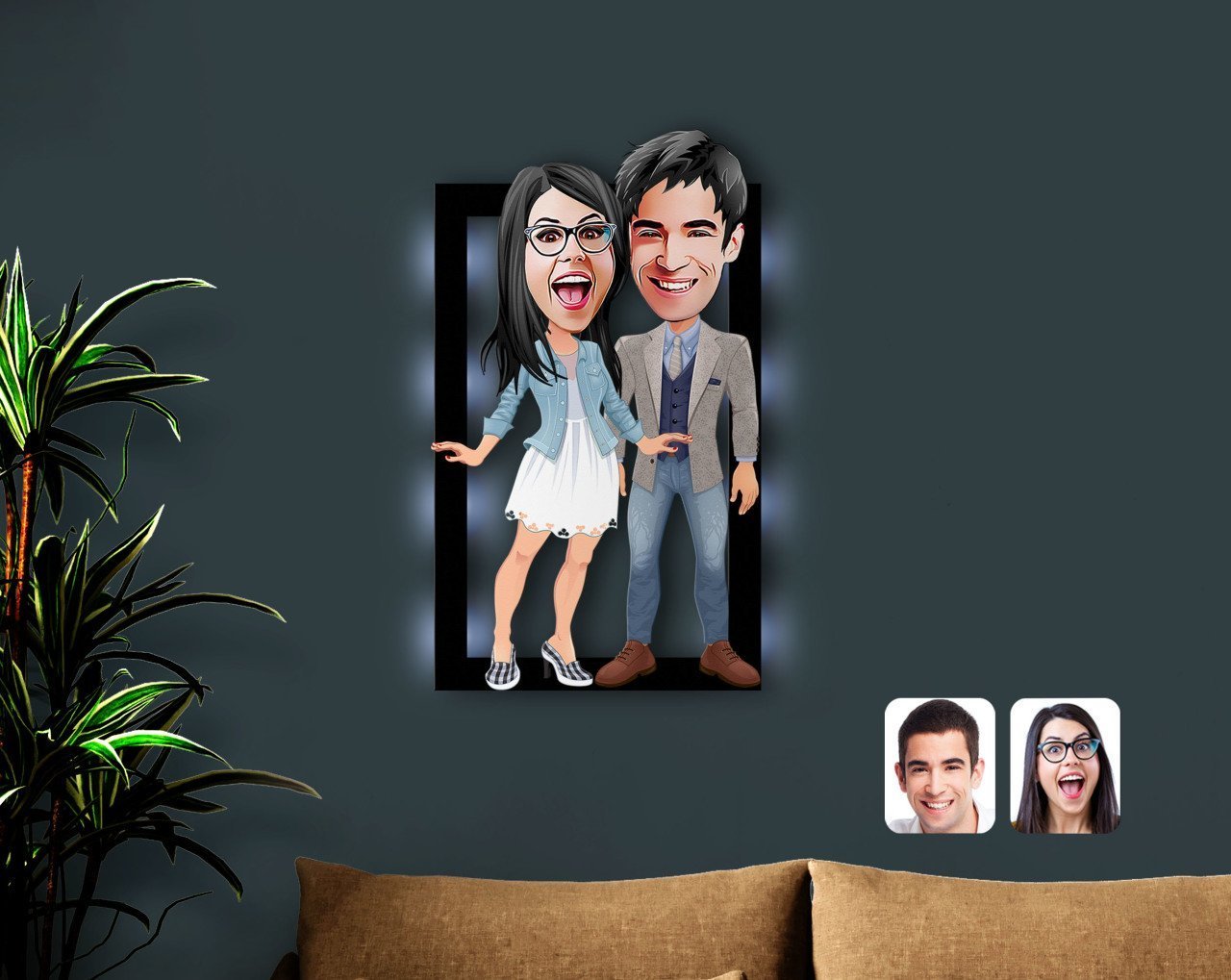 Kişiye Özel Sevgililer Karikatürlü 3D Led Işıklı Ahşap Tablo-81