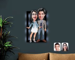 Kişiye Özel Sevgililer Karikatürlü 3D Led Işıklı Ahşap Tablo-81