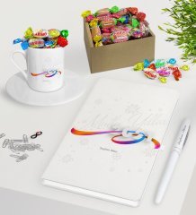 BK Gift Kişiye Özel 2023 Mutlu Yıllar Beyaz Defter Kalem Türk Kahvesi Fincanı ve Kutulu Haribo Şeker Hediye Seti-4