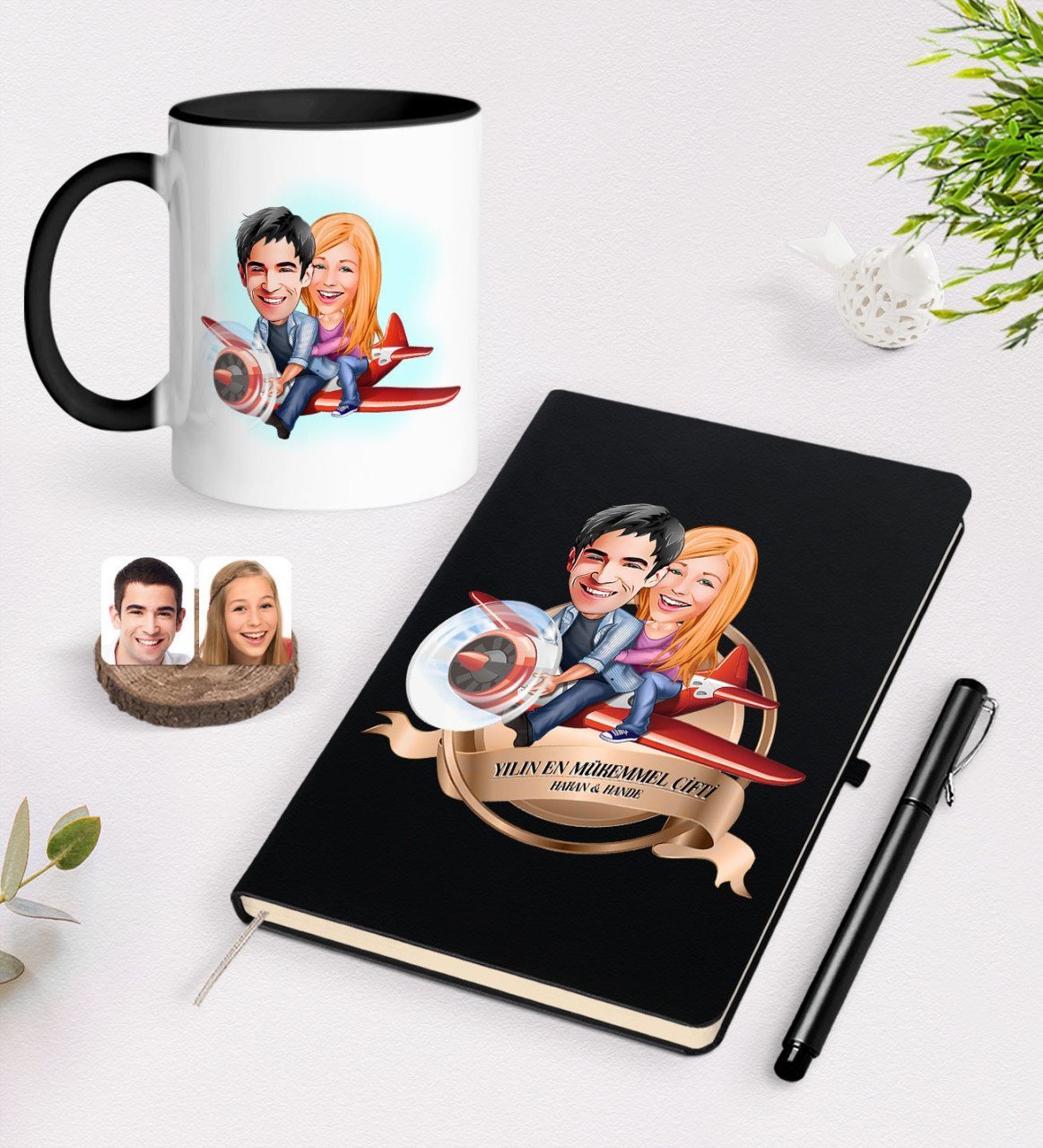 Kişiye Özel Yılın En Mükemmel Çifti Karikatürlü Siyah Defter Kalem ve Kupa Seti-11
