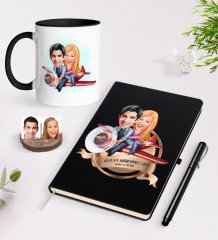 Kişiye Özel Yılın En Mükemmel Çifti Karikatürlü Siyah Defter Kalem ve Kupa Seti-11