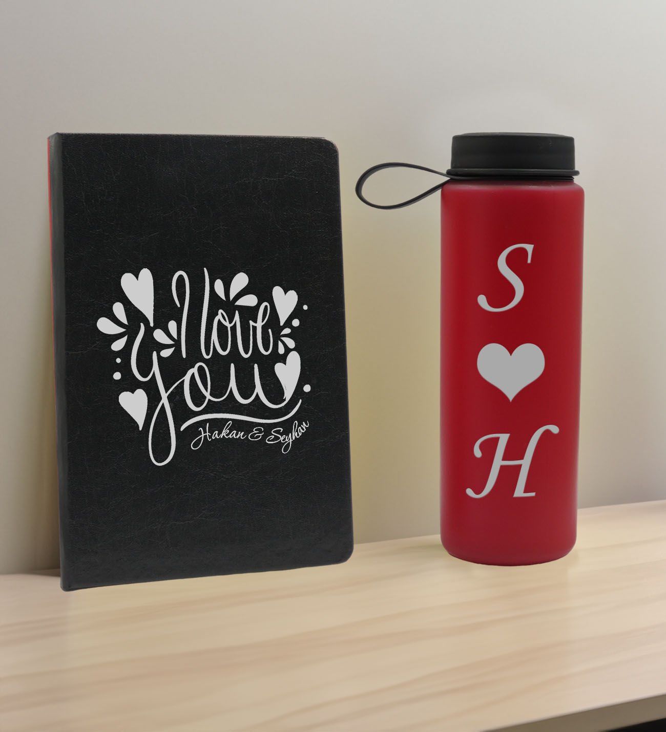 BK Gift Sevgiliye Özel İsimli Siyah Defter ve Kırmızı Cam Matara Hediye Seti-8, Sevgiliye Hediye, Sevgililer Günü, Yeni İş Hediyesi