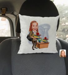Kişiye Özel Kadın Öğretmen Karikatürlü Kare Araç Koltuk Yastığı-4