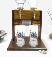 Kişiye Özel Renkli Baskılı London Tasarımlı İkili Rakı Bardağı ve Çift Musluklu Doğal Ahşap Rakı Standı-4