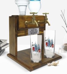 Kişiye Özel Renkli Baskılı London Tasarımlı İkili Rakı Bardağı ve Çift Musluklu Doğal Ahşap Rakı Standı-4