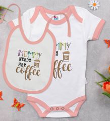 BK Kids Mommy Needs Her Coffee Tasarımlı Pembe Bebek Body Zıbın ve Mama Önlüğü Hediye Seti-1