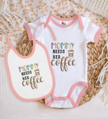 BK Kids Mommy Needs Her Coffee Tasarımlı Pembe Bebek Body Zıbın ve Mama Önlüğü Hediye Seti-1