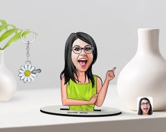 Kişiye Özel Kadın Karikatürlü 3D Ahşap Biblo ve İsimli Silver Papatya Anahtarlık-19
