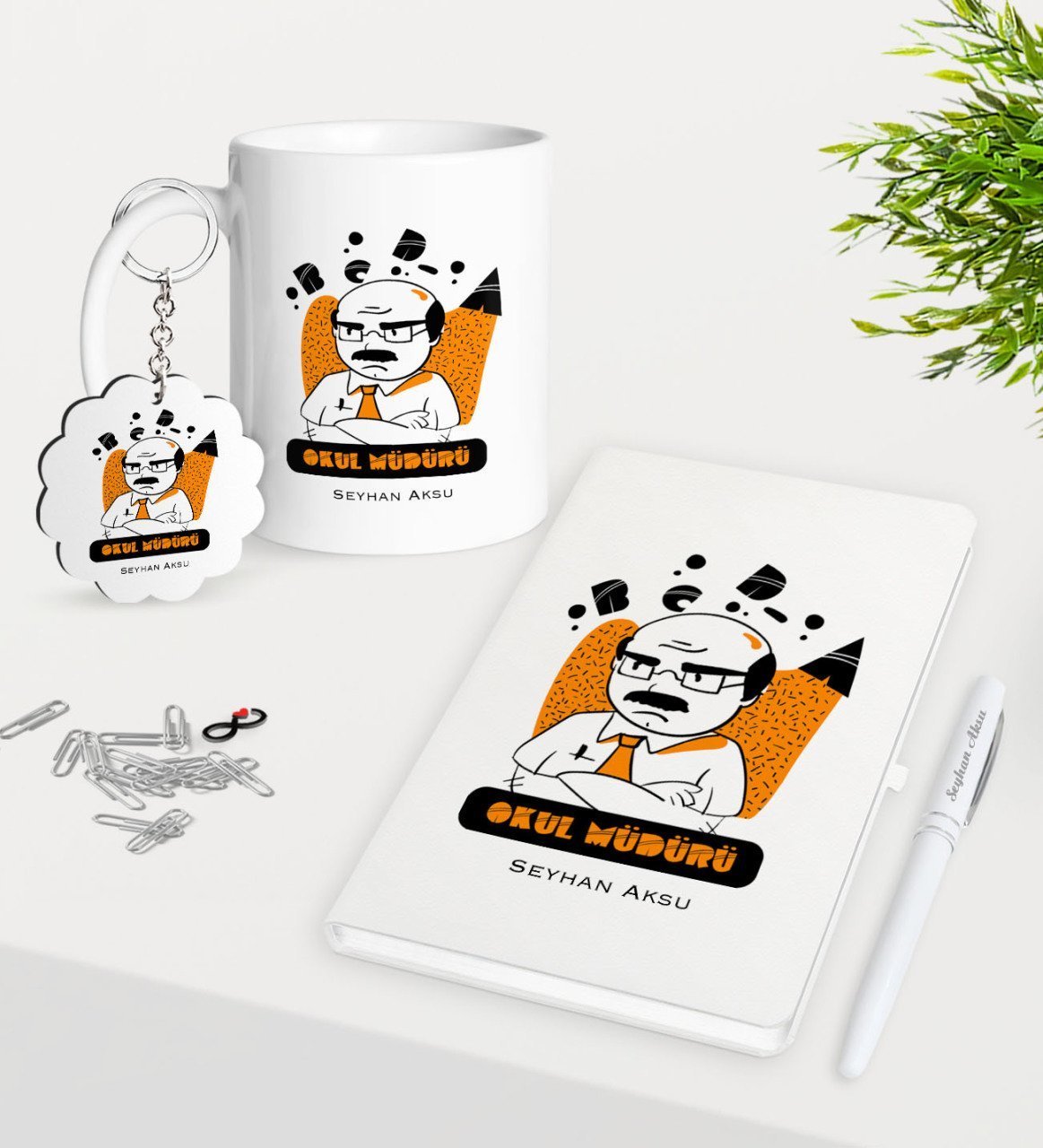 Kişiye Özel Okul Müdürü Kupa Anahtarlık Beyaz Defter Kalem Hediye Seti-2