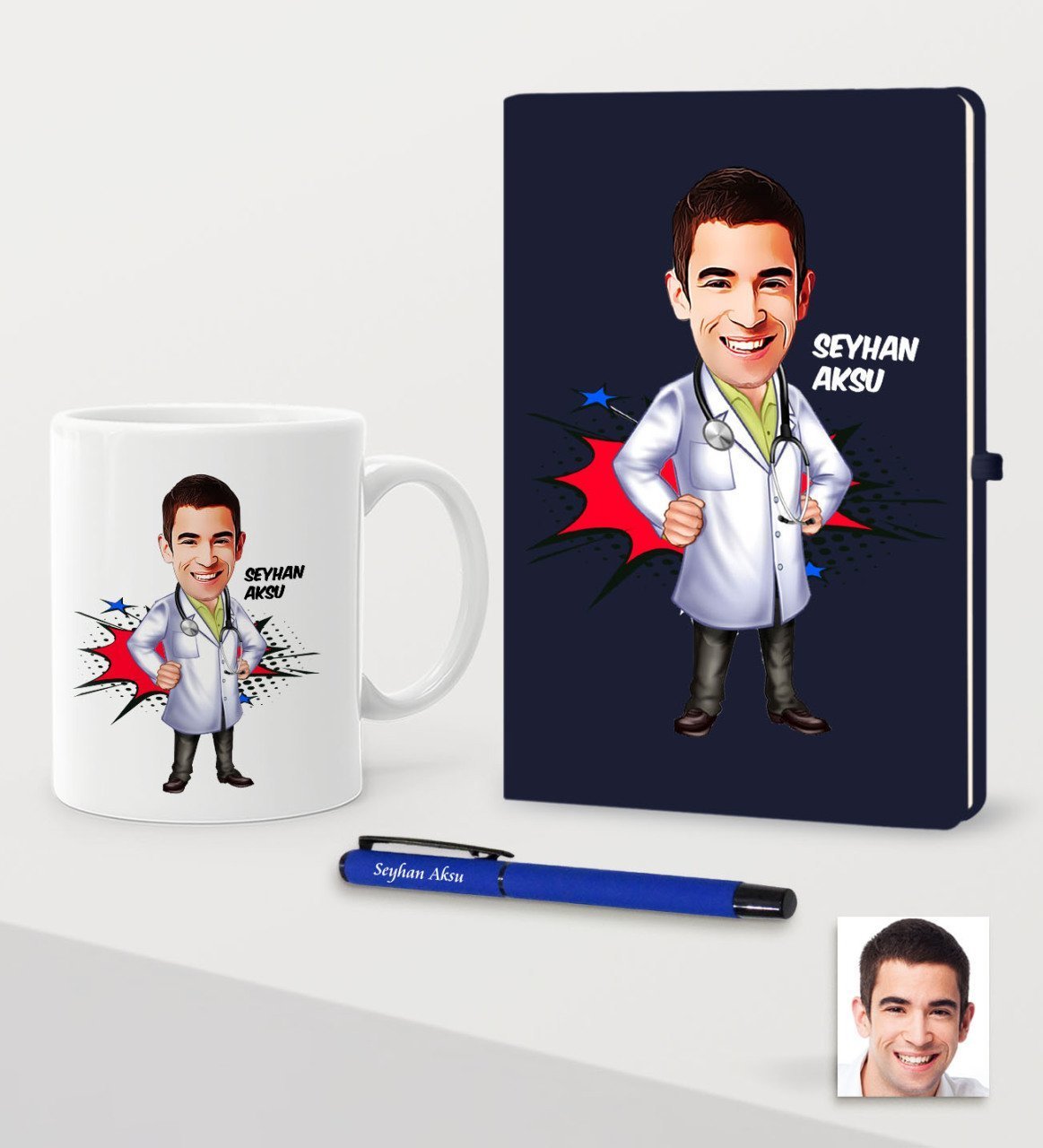 Kişiye Özel Bay Doktor Karikatürlü Lacivert Defter Kalem Kupa Seti - 2