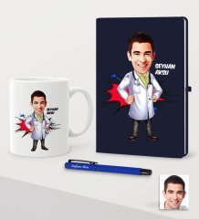 Kişiye Özel Bay Doktor Karikatürlü Lacivert Defter Kalem Kupa Seti - 2