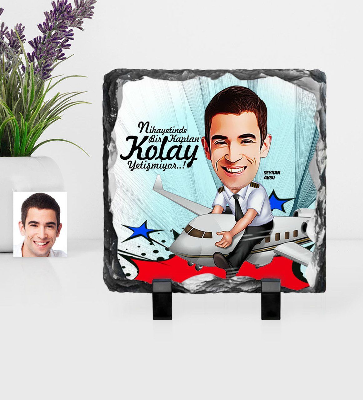 Kişiye Özel Bay Kaptan Pilot Karikatürlü Dekoratif Doğal Taş - 1