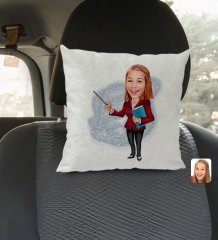 Kişiye Özel Kadın Öğretmen Karikatürlü Kare Araç Koltuk Yastığı-3