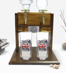 Kişiye Özel Renkli Baskılı London Tasarımlı İkili Rakı Bardağı ve Çift Musluklu Doğal Ahşap Rakı Standı-3
