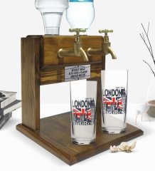 Kişiye Özel Renkli Baskılı London Tasarımlı İkili Rakı Bardağı ve Çift Musluklu Doğal Ahşap Rakı Standı-3