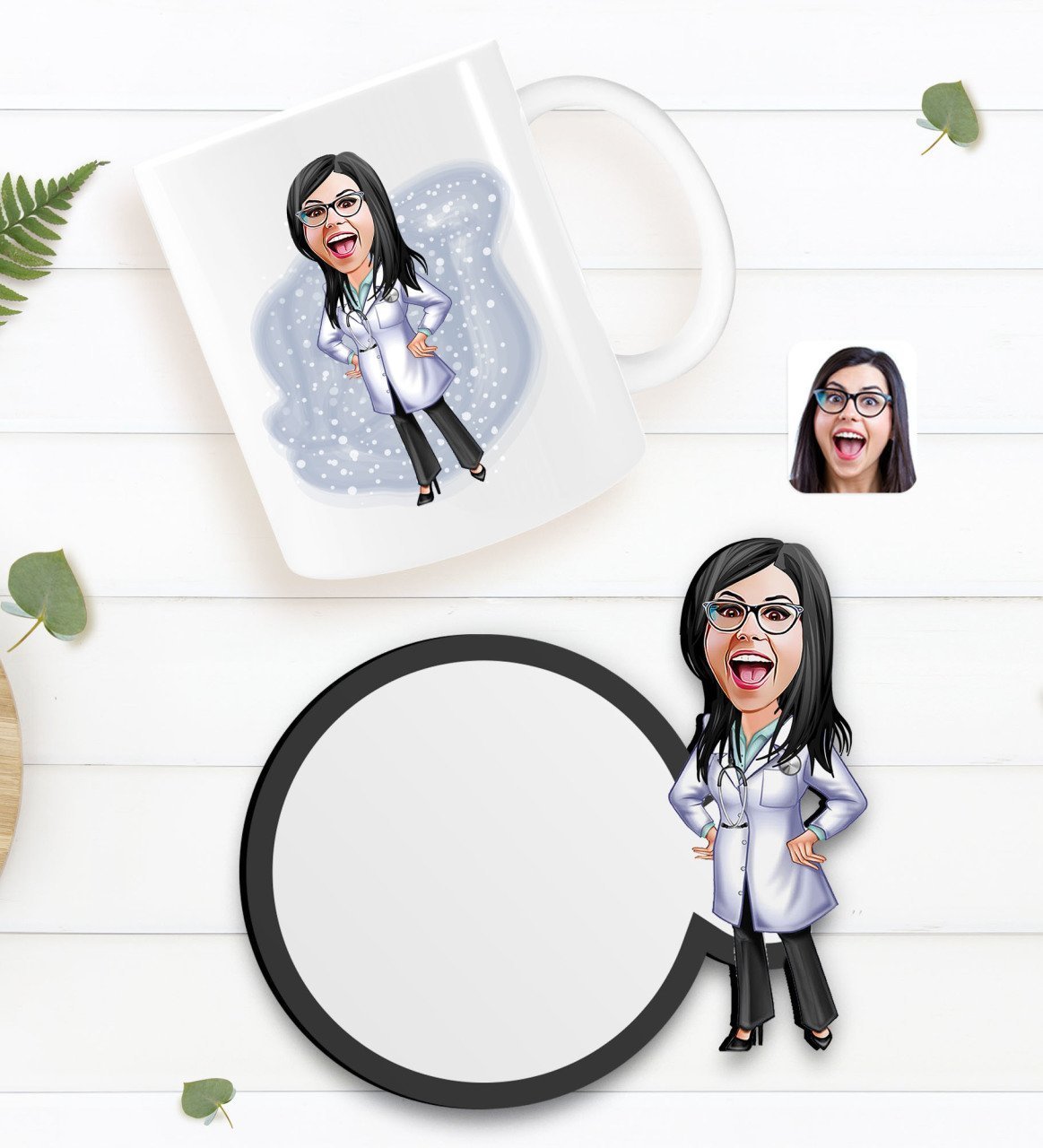 Kişiye Özel Kadın Doktor Karikatürlü Beyaz Kupa ve Ahşap Bardak Altlığı Hediye Seti-1