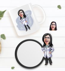 Kişiye Özel Kadın Doktor Karikatürlü Beyaz Kupa ve Ahşap Bardak Altlığı Hediye Seti-1