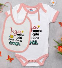 BK Kids Teyze Anne Gibi Tasarımlı Pembe Bebek Body Zıbın ve Mama Önlüğü Hediye Seti-1