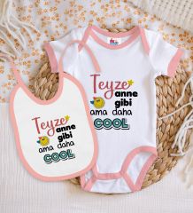BK Kids Teyze Anne Gibi Tasarımlı Pembe Bebek Body Zıbın ve Mama Önlüğü Hediye Seti-1