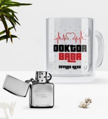 Kişiye Özel Doktor Baba Cam Kupa Bardak Benzinli Metal Çakmak Seti-2