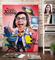 Kişiye Özel Bayan Diş Hekimi Karikatür Kanvas Tablo (70 x 100 cm.) 1