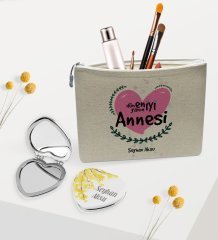 Kişiye Özel Dünyanın En İyi Annesi Keten Makyaj Çantası ve Kalp Ayna Hediye Seti-11