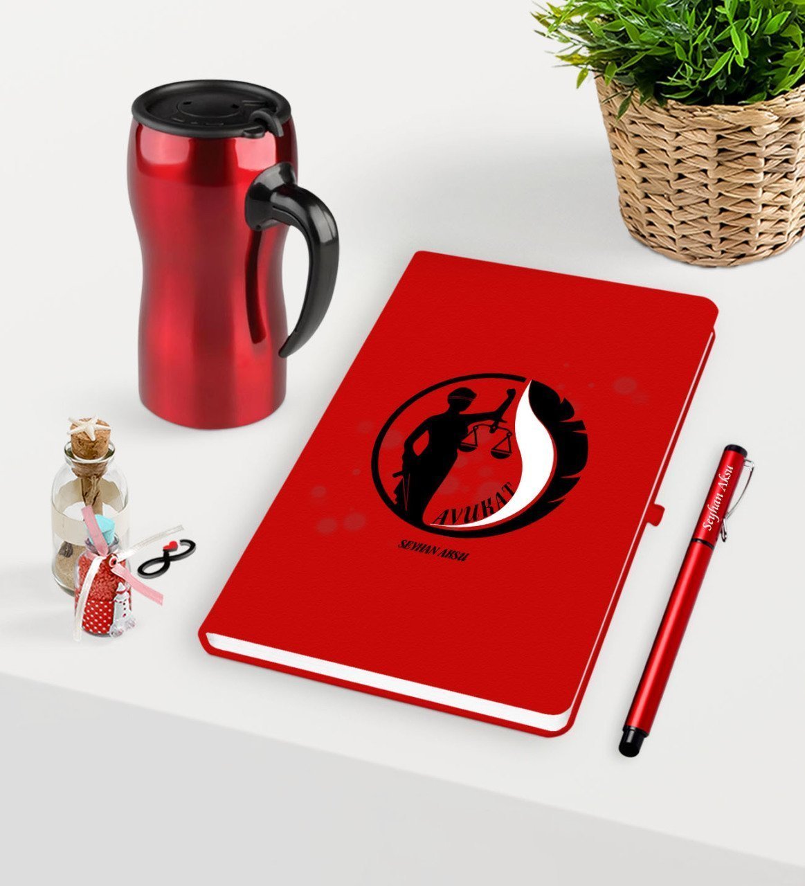 Kişiye Özel Avukat Temalı Kırmızı Defter Kalem ve Termos Mug Seti  - 14