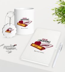 Kişiye Özel Okul Müdürü Kupa Anahtarlık Beyaz Defter Kalem Hediye Seti-1