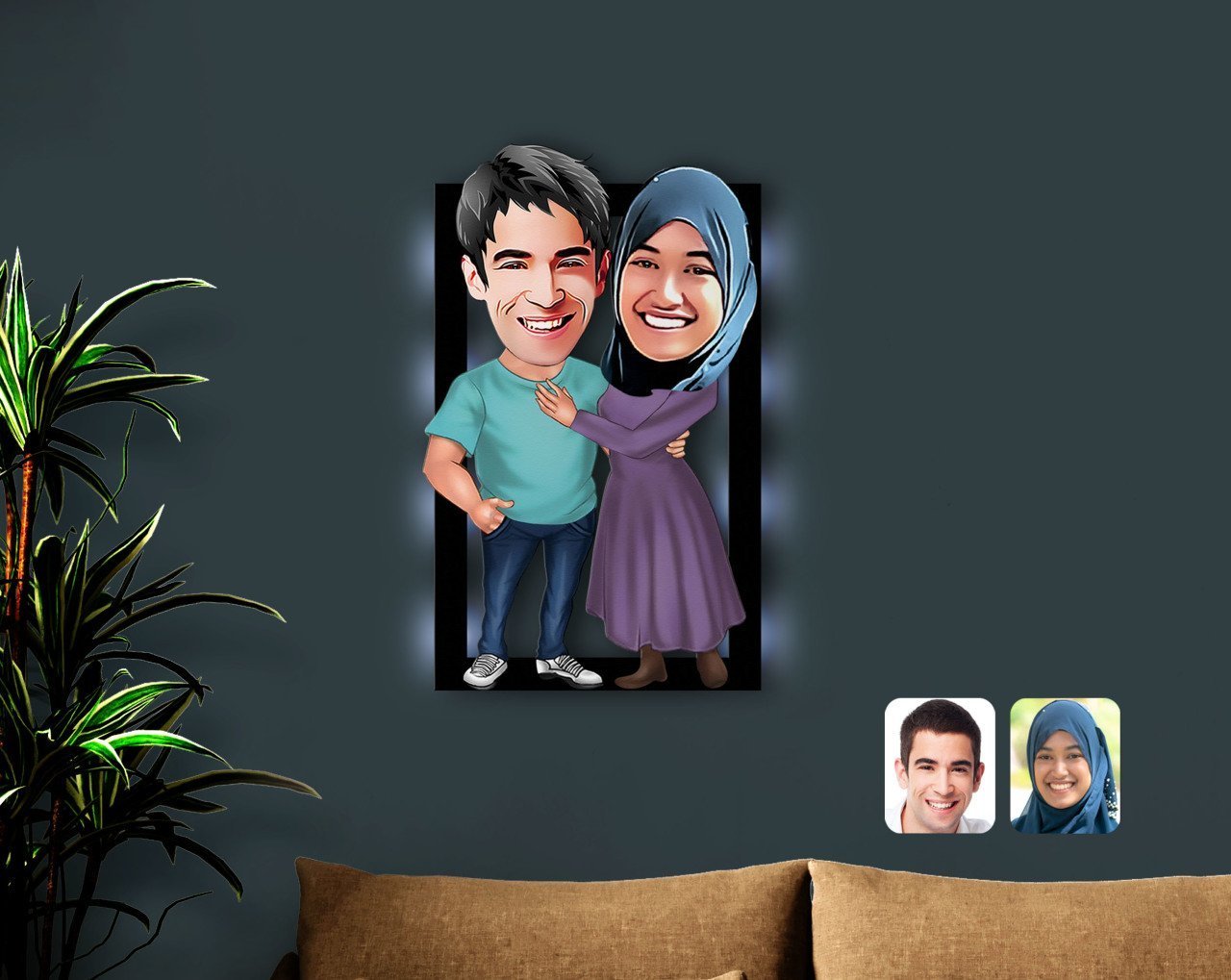 Kişiye Özel Sevgililer Karikatürlü 3D Led Işıklı Ahşap Tablo-61