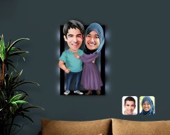 Kişiye Özel Sevgililer Karikatürlü 3D Led Işıklı Ahşap Tablo-61