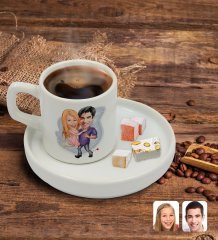 Kişiye Özel Sunum Tabaklı Sevgililer Karikatürlü Türk Kahvesi Fincanı Model 3